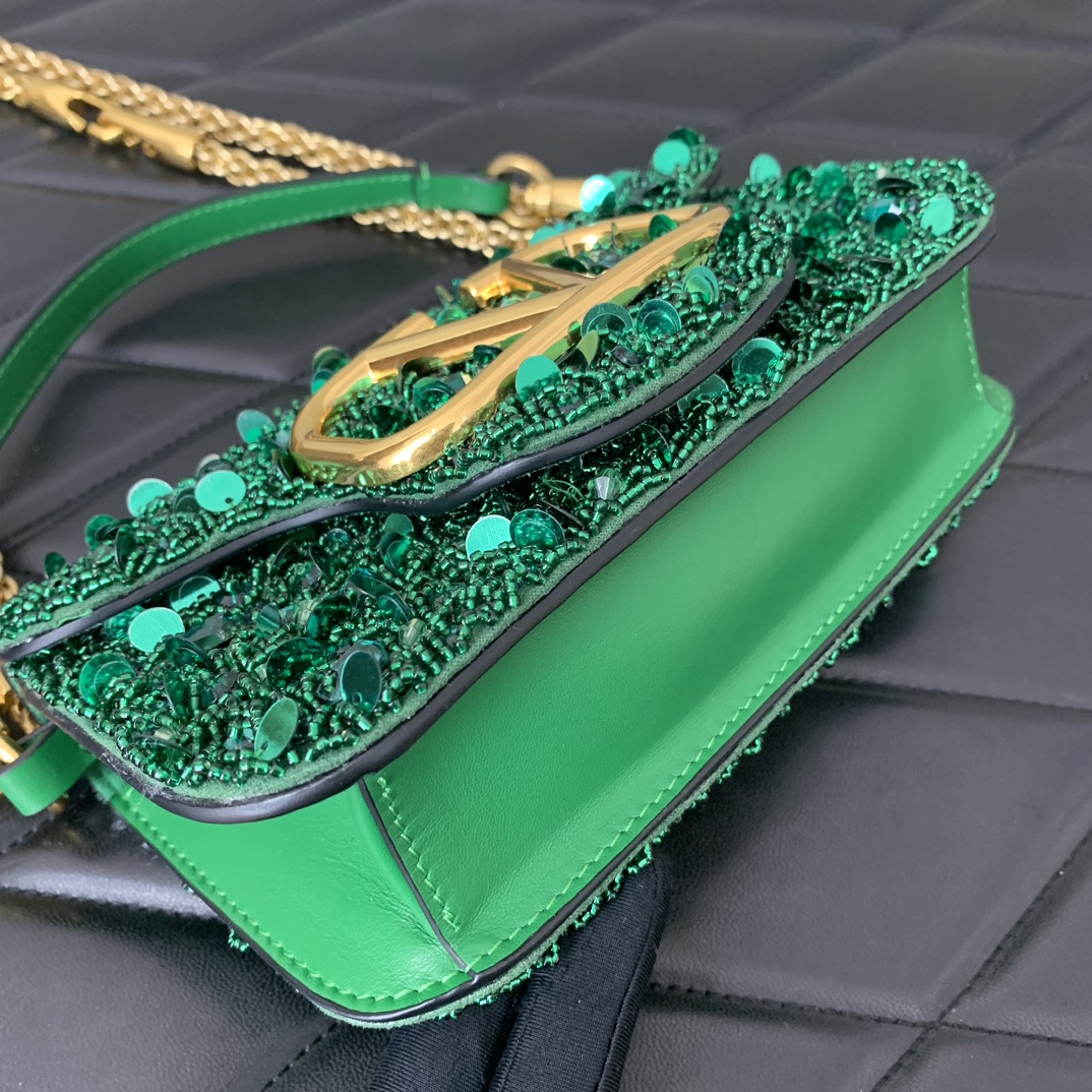 Valentino Garavani Loco Small Embroidered Shoulder Bag with Green Beaded Fringes